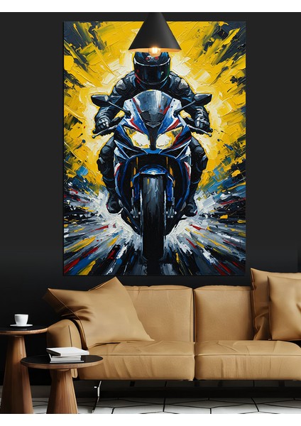 Mavi Parlayan Motosikletli Adam Sürüşü Dekoratif Kanvas - Mdf Ahşap Tablo fiyatları