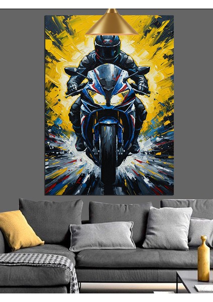 Mavi Parlayan Motosikletli Adam Sürüşü Dekoratif Kanvas - Mdf Ahşap Tablo modelleri