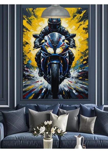 Mavi Parlayan Motosikletli Adam Sürüşü Dekoratif Kanvas - Mdf Ahşap Tablo fırsatları