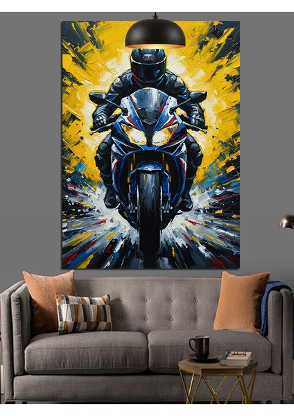 Mavi Parlayan Motosikletli Adam Sürüşü Dekoratif Kanvas - Mdf Ahşap Tablo indirimleri