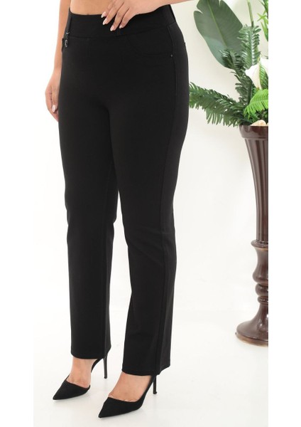 Ekstra Battal Kadın Boru Paça Yüksek Bel Toparlayıcı Beli Lastikli Pamuklu Pantolon