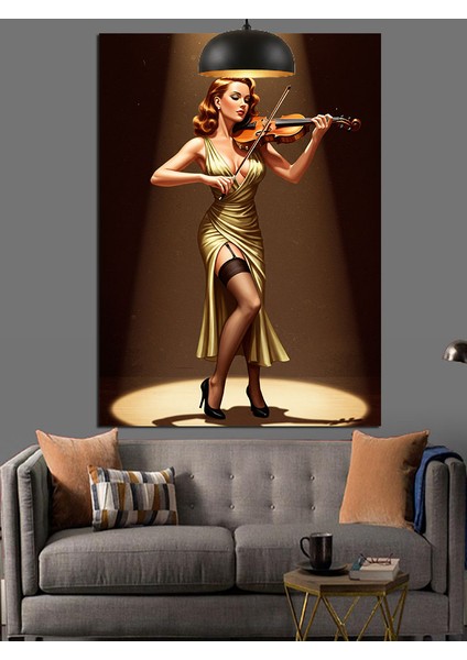 Kahverengi Elbiseli Keman Çalan Kadın Dekoratif Kanvas - Mdf Ahşap Tablo