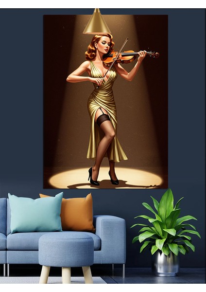 Kahverengi Elbiseli Keman Çalan Kadın Dekoratif Kanvas - Mdf Ahşap Tablo fiyatları