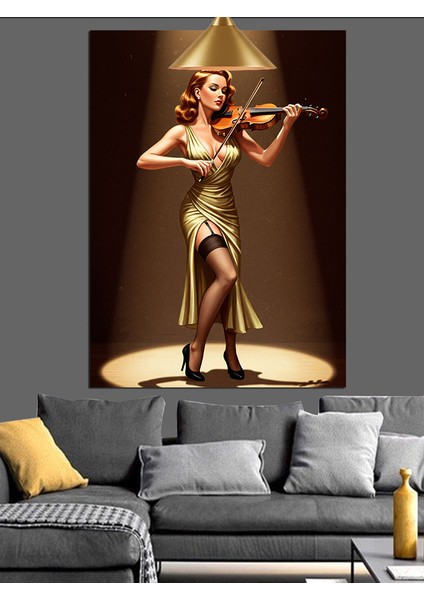 Kahverengi Elbiseli Keman Çalan Kadın Dekoratif Kanvas - Mdf Ahşap Tablo fırsatları