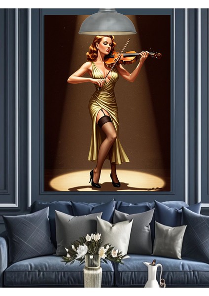 Kahverengi Elbiseli Keman Çalan Kadın Dekoratif Kanvas - Mdf Ahşap Tablo indirimleri