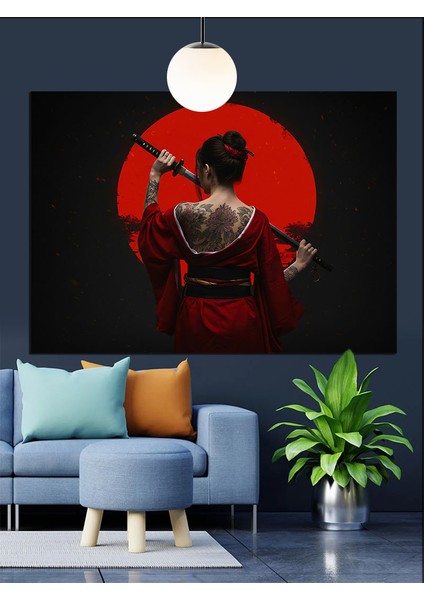 Kırmızı Fon Japon Kadın Portresi Dekoratif Kanvas - Mdf Ahşap Tablo