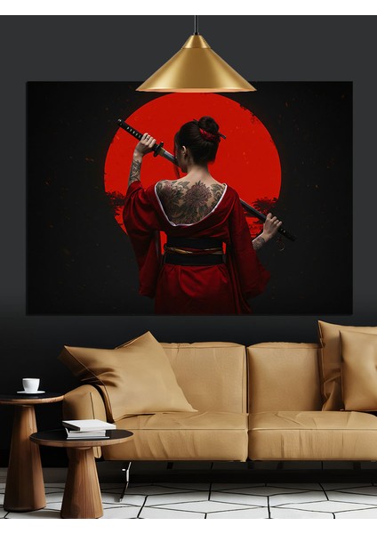 Kırmızı Fon Japon Kadın Portresi Dekoratif Kanvas - Mdf Ahşap Tablo fiyatları