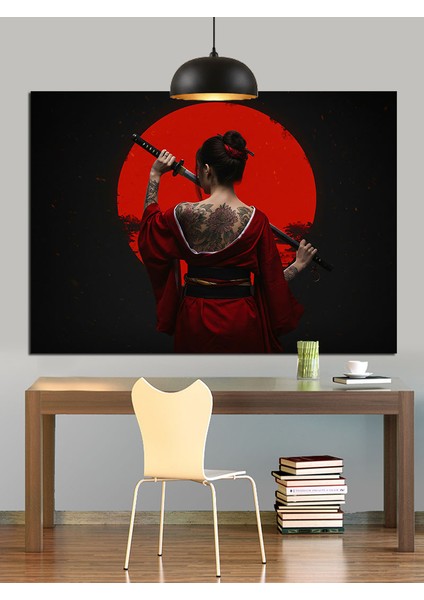 Kırmızı Fon Japon Kadın Portresi Dekoratif Kanvas - Mdf Ahşap Tablo indirimleri