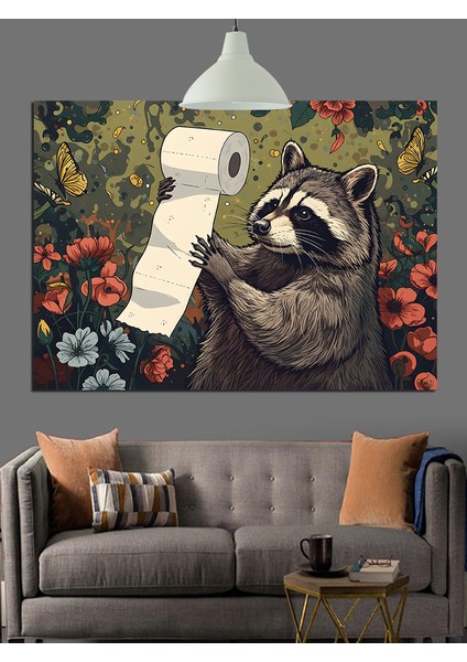Tuvaletteki Rakun Dekoratif Kanvas - Mdf Ahşap Tablo