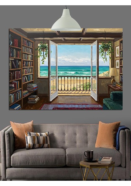 Kitaplarla Dolu Pencere Kenarı Dekoratif Kanvas - Mdf Ahşap Tablo