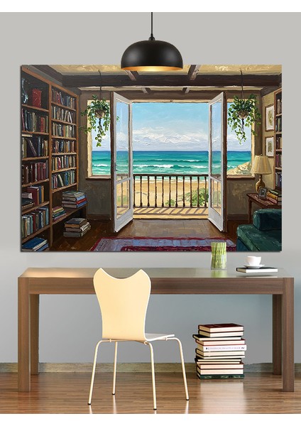 Kitaplarla Dolu Pencere Kenarı Dekoratif Kanvas - Mdf Ahşap Tablo fiyatları