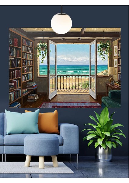Kitaplarla Dolu Pencere Kenarı Dekoratif Kanvas - Mdf Ahşap Tablo modelleri