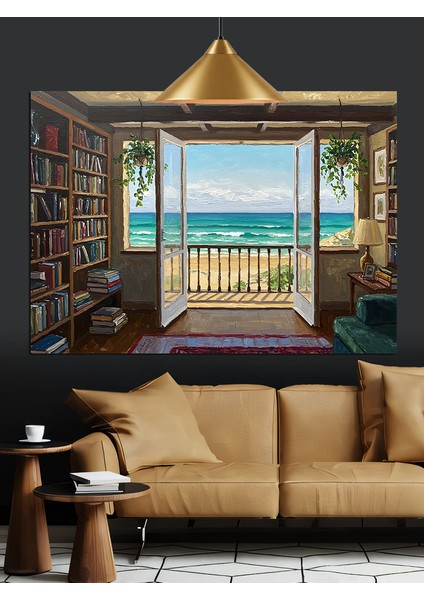 Kitaplarla Dolu Pencere Kenarı Dekoratif Kanvas - Mdf Ahşap Tablo fırsatları