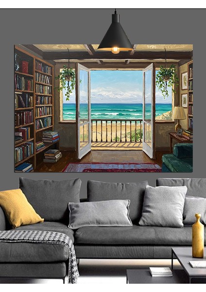 Kitaplarla Dolu Pencere Kenarı Dekoratif Kanvas - Mdf Ahşap Tablo indirimleri