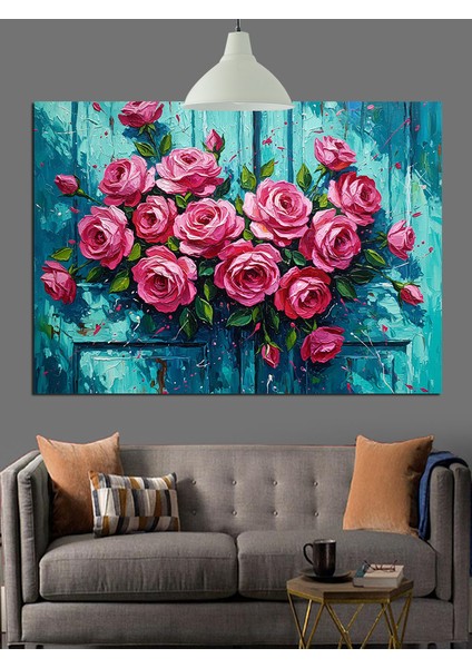 Canlı Pembe Güller Sanatsal Kompozisyon Dekoratif Kanvas - Mdf Ahşap Tablo