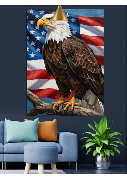 Amerikan Bayrağı Üzerinde Kartal Duruşu Dekoratif Kanvas - Mdf Ahşap Tablo