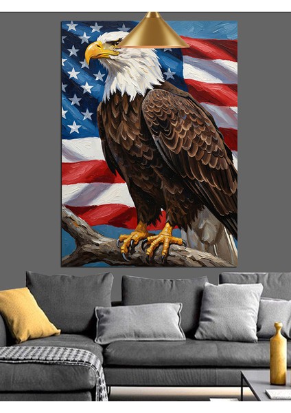 Amerikan Bayrağı Üzerinde Kartal Duruşu Dekoratif Kanvas - Mdf Ahşap Tablo modelleri