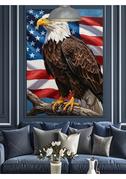 Amerikan Bayrağı Üzerinde Kartal Duruşu Dekoratif Kanvas - Mdf Ahşap Tablo fırsatları