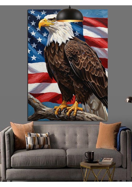 Amerikan Bayrağı Üzerinde Kartal Duruşu Dekoratif Kanvas - Mdf Ahşap Tablo indirimleri