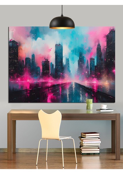 Neon Şehir Silüeti Gece Manzara Dekoratif Kanvas - Mdf Ahşap Tablo
