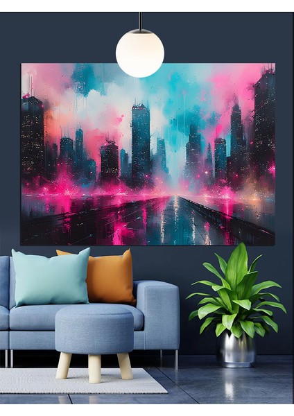 Neon Şehir Silüeti Gece Manzara Dekoratif Kanvas - Mdf Ahşap Tablo fiyatları