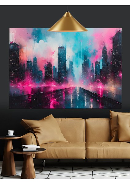 Neon Şehir Silüeti Gece Manzara Dekoratif Kanvas - Mdf Ahşap Tablo modelleri
