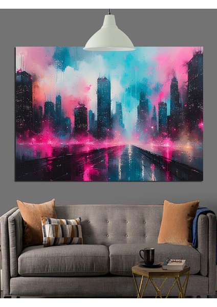 Neon Şehir Silüeti Gece Manzara Dekoratif Kanvas - Mdf Ahşap Tablo indirimleri