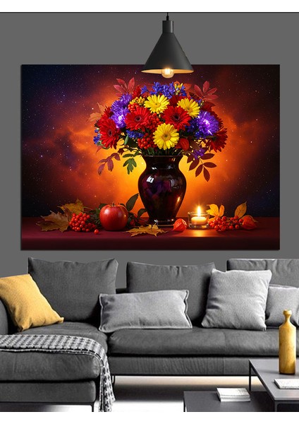 Vazo Çiçekler Renkli Işık Dekoratif Kanvas - Mdf Ahşap Tablo fiyatları