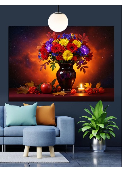 Vazo Çiçekler Renkli Işık Dekoratif Kanvas - Mdf Ahşap Tablo indirimleri