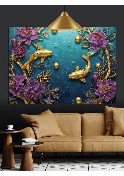 Balıklar Altın Işık ve Çiçekler Dekoratif Kanvas - Mdf Ahşap Tablo