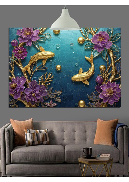 Balıklar Altın Işık ve Çiçekler Dekoratif Kanvas - Mdf Ahşap Tablo modelleri