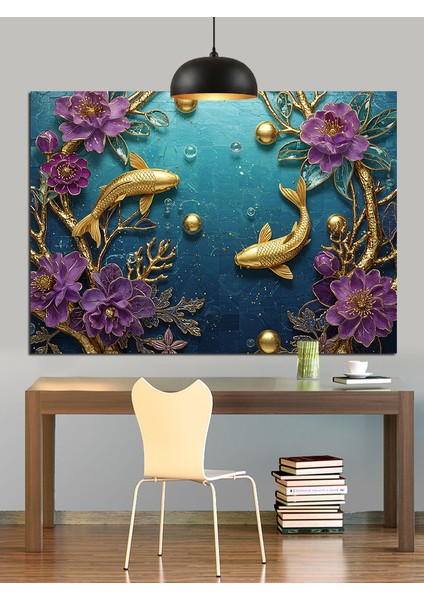 Balıklar Altın Işık ve Çiçekler Dekoratif Kanvas - Mdf Ahşap Tablo fırsatları