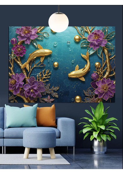Balıklar Altın Işık ve Çiçekler Dekoratif Kanvas - Mdf Ahşap Tablo indirimleri