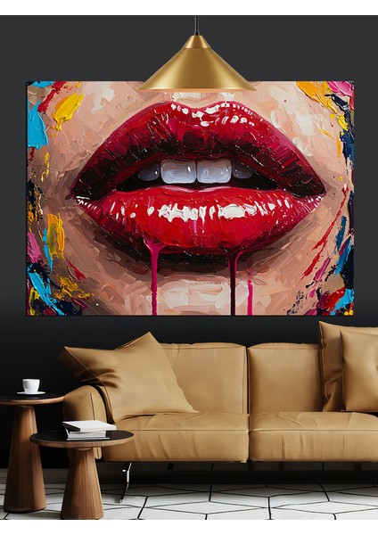 Parlak Kırmızı Dudaklar Öpücük Dekoratif Kanvas - Mdf Ahşap Tablo