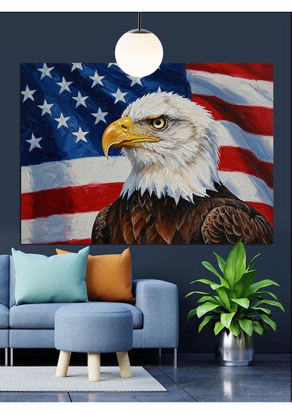 Amerikan Bayrağı Üzerinde Kartal Dekoratif Kanvas - Mdf Ahşap Tablo