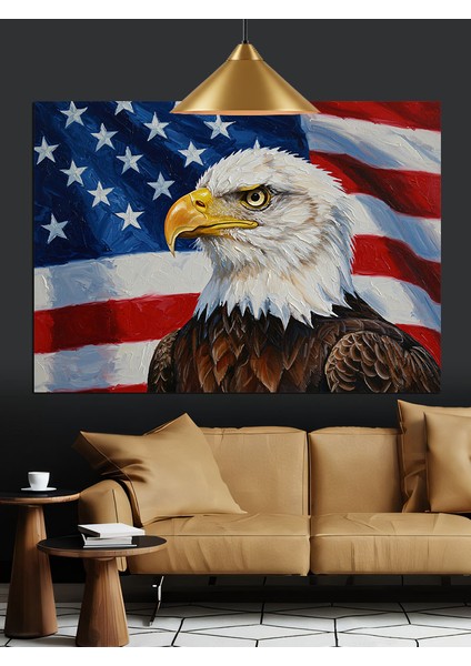 Amerikan Bayrağı Üzerinde Kartal Dekoratif Kanvas - Mdf Ahşap Tablo fiyatları