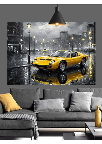 Sarı Spor Araba Şehir Dekoratif Kanvas - Mdf Ahşap Tablo fırsatları