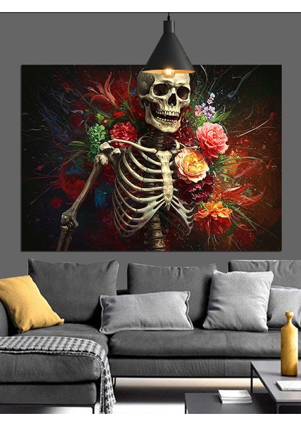 Iskelet Çiçek Tutan Komik Dekoratif Kanvas - Mdf Ahşap Tablo