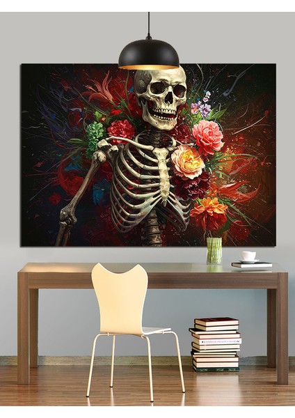 Iskelet Çiçek Tutan Komik Dekoratif Kanvas - Mdf Ahşap Tablo modelleri