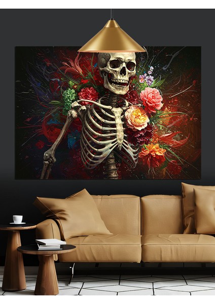 Iskelet Çiçek Tutan Komik Dekoratif Kanvas - Mdf Ahşap Tablo indirimleri