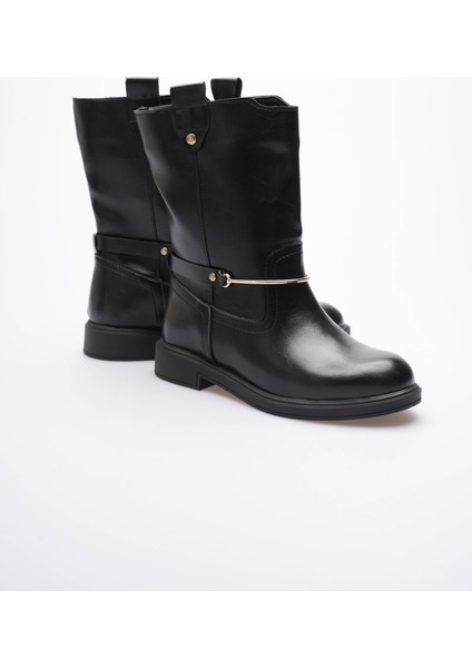 Kadın Deri Çekme Bot Gold Tokalı Siyah Soretta