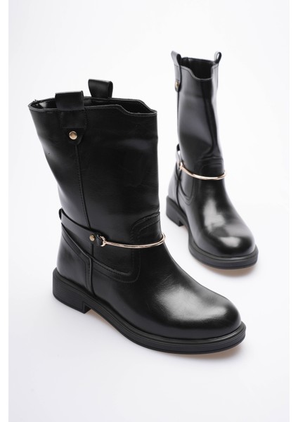 Kadın Deri Çekme Bot Gold Tokalı Siyah Soretta modelleri