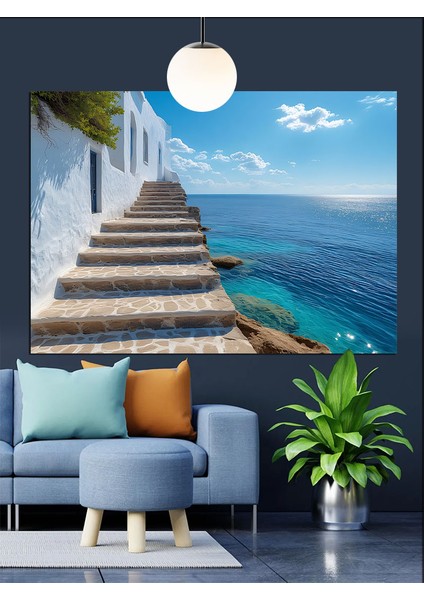 Merdiven Deniz Mavi Gökyüzü Dekoratif Kanvas - Mdf Ahşap Tablo fiyatları
