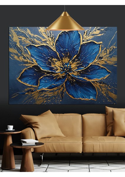 Mavi Altın Çiçek Soyut Dekoratif Kanvas - Mdf Ahşap Tablo