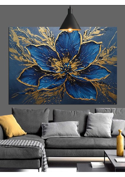 Mavi Altın Çiçek Soyut Dekoratif Kanvas - Mdf Ahşap Tablo fiyatları