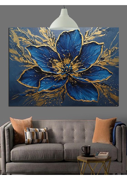 Mavi Altın Çiçek Soyut Dekoratif Kanvas - Mdf Ahşap Tablo modelleri