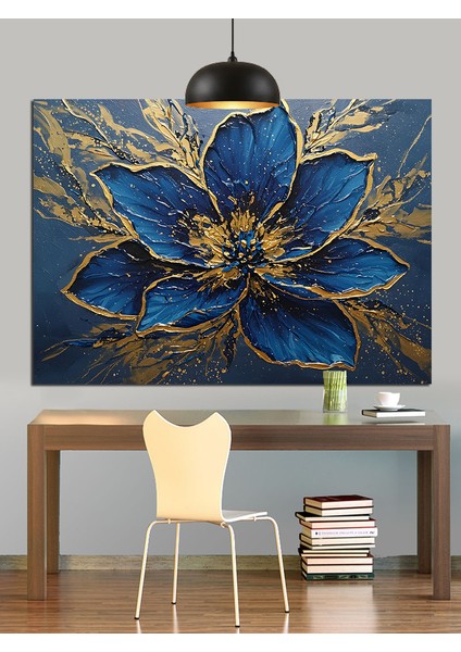 Mavi Altın Çiçek Soyut Dekoratif Kanvas - Mdf Ahşap Tablo fırsatları