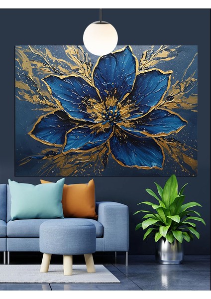Mavi Altın Çiçek Soyut Dekoratif Kanvas - Mdf Ahşap Tablo indirimleri