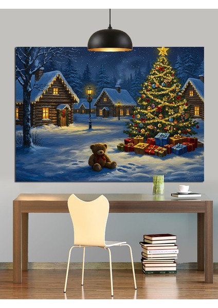 Karlı Kış Evi Ağaç Noel Dekoratif Kanvas - Mdf Ahşap Tablo