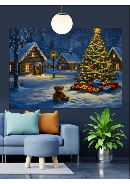 Karlı Kış Evi Ağaç Noel Dekoratif Kanvas - Mdf Ahşap Tablo fiyatları